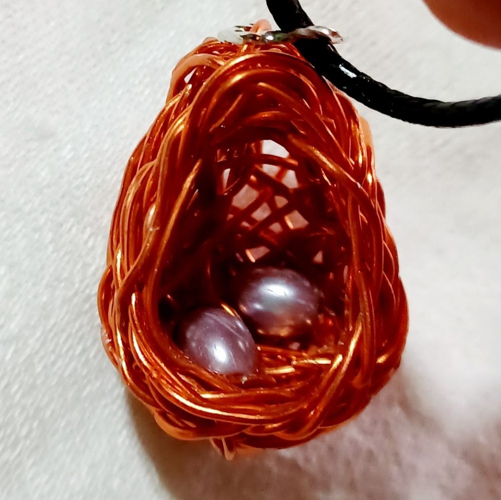 Handmade copper nest bird dragon eggs beads pearls necklace purple lavender gems
